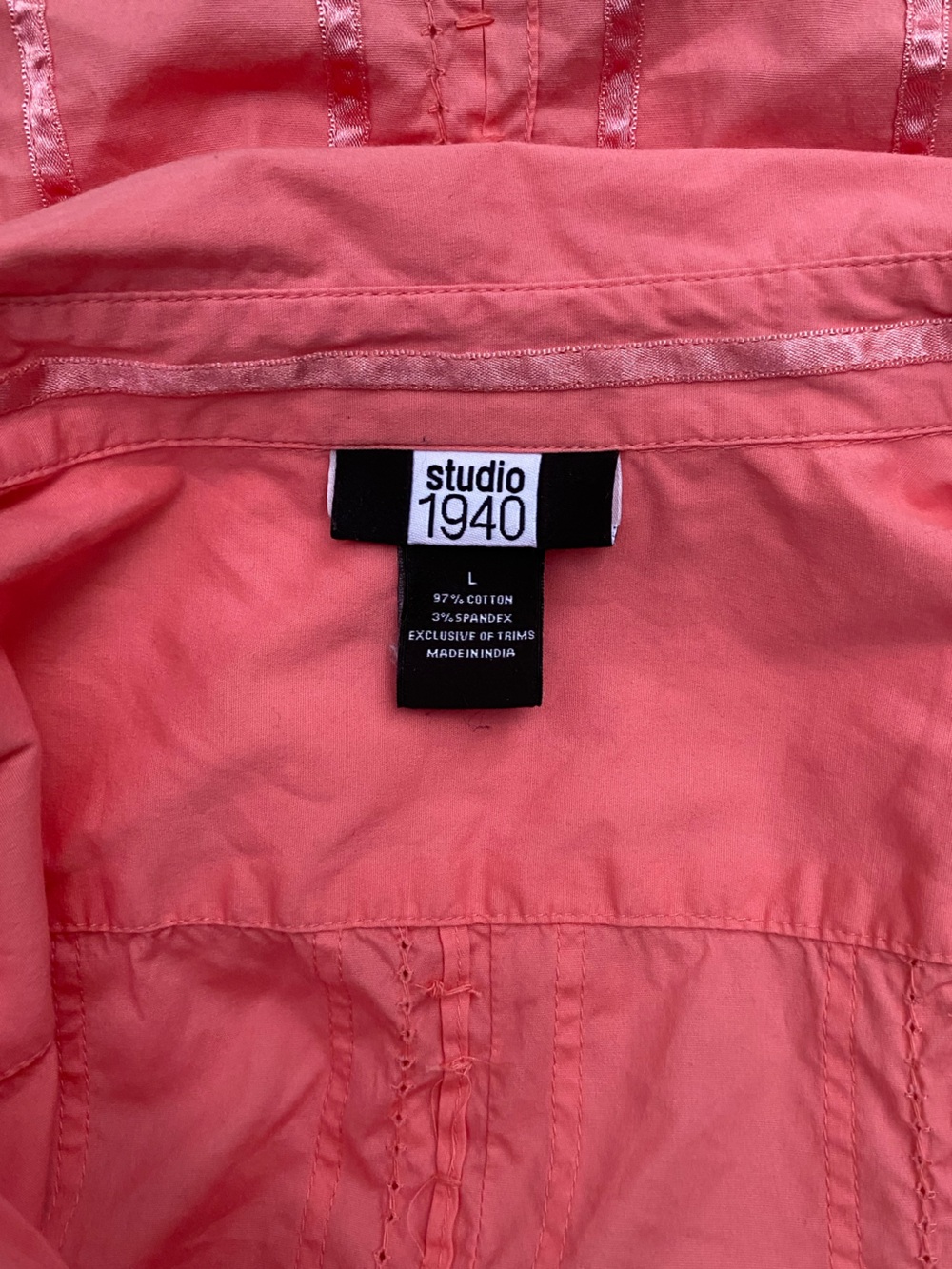 Studio 1940 Coral Pink Ribbon Trim Short-Sleeve Button Up Shirt Size Large - Picture 16 of 16